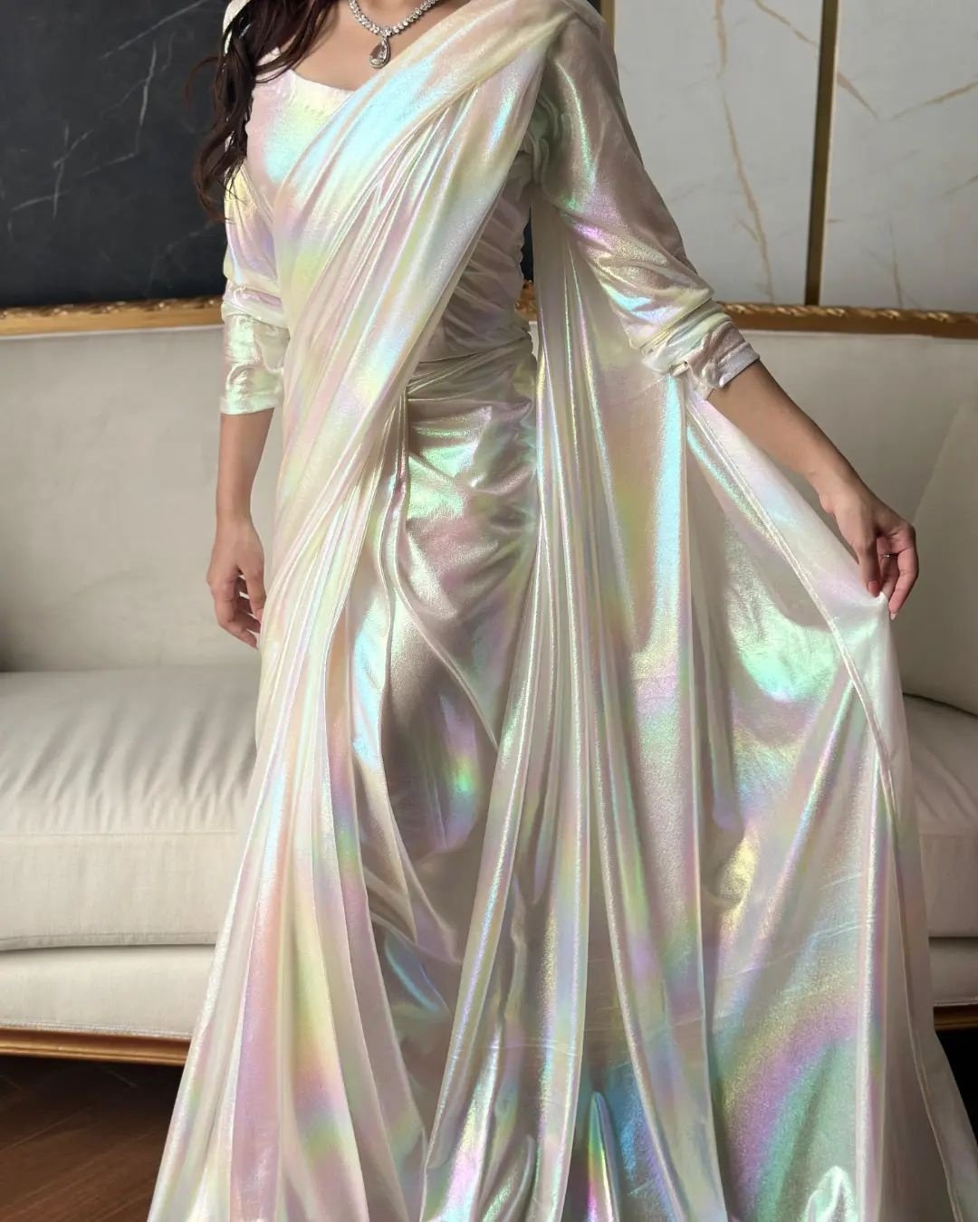 Ethereal Iridescent Shimmer Draped Saree – A Masterpiece of Modern Elegance - Image 2