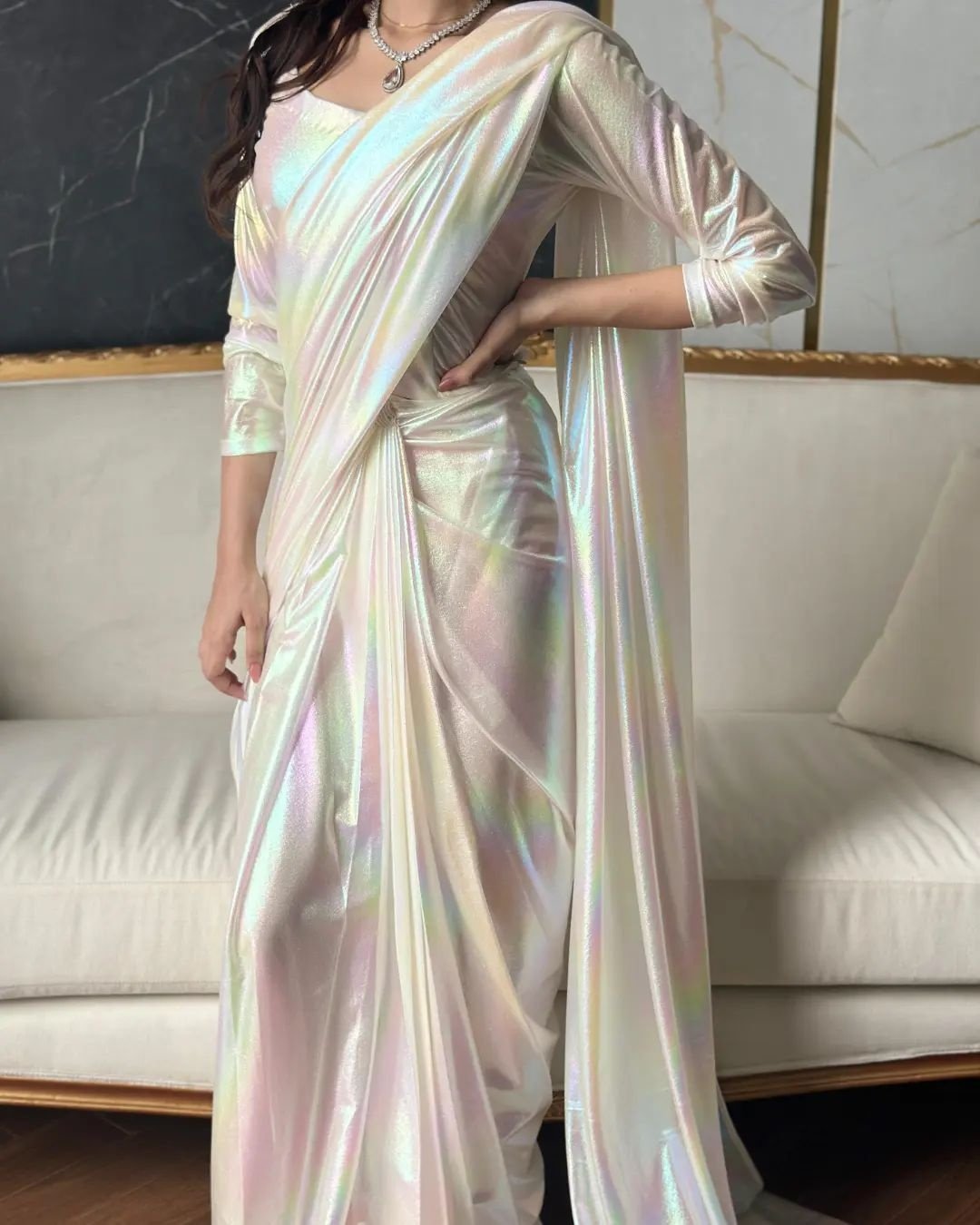 Ethereal Iridescent Shimmer Draped Saree – A Masterpiece of Modern Elegance - Image 4