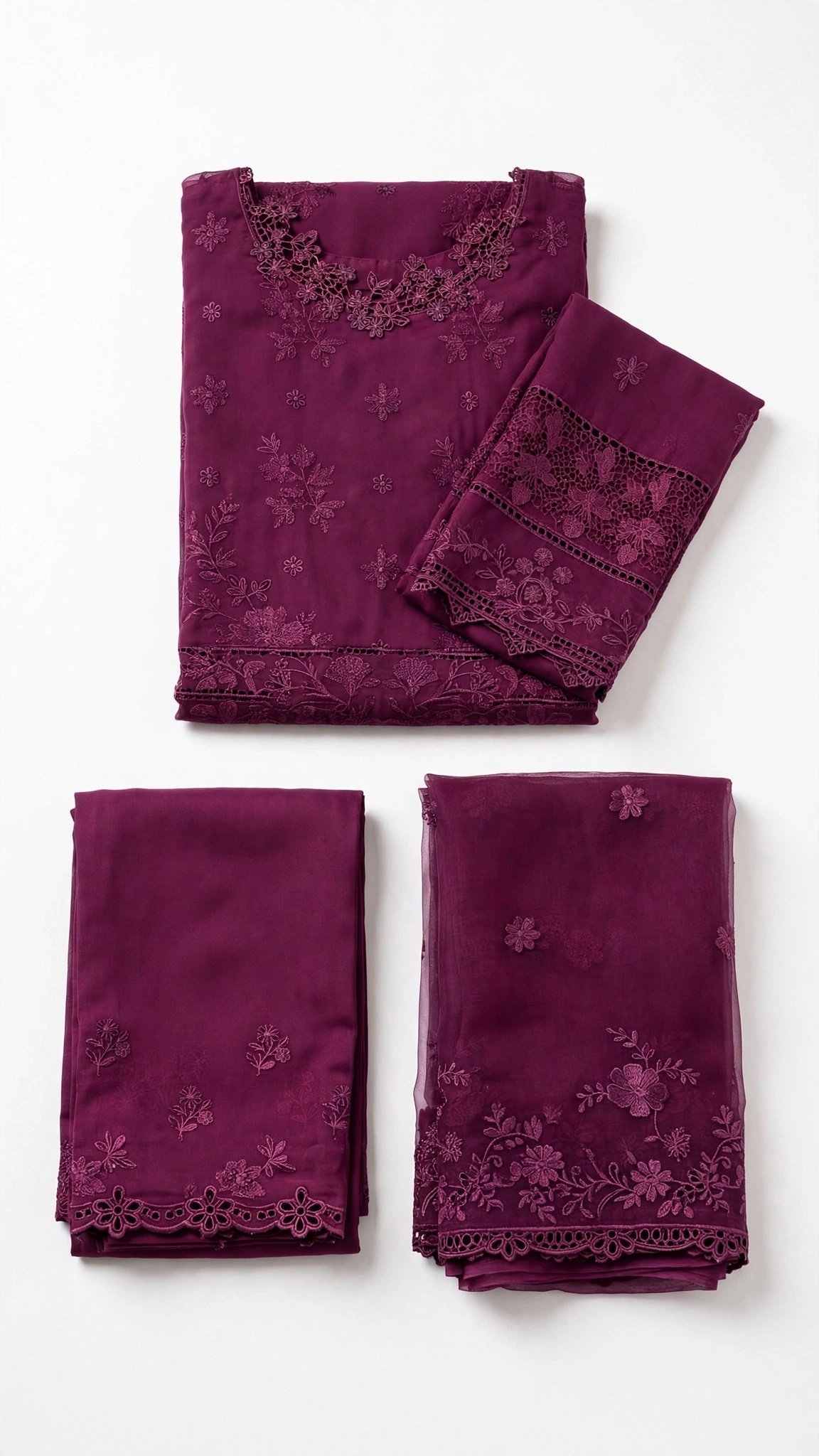 Royal Magenta Intricately Embroidered Chiffon Kurta Set - Image 3