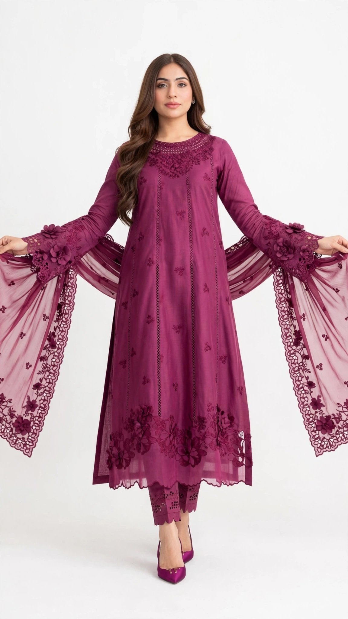 Royal Magenta Intricately Embroidered Chiffon Kurta Set