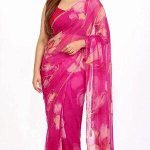 Vibrant Fuchsia Organza Floral Saree with Sequined Accents