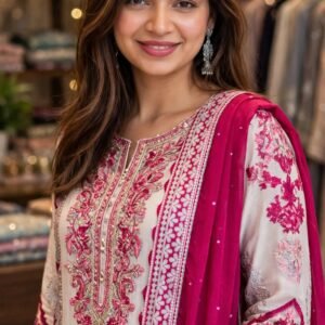 Vibrant Fuchsia & Ivory Embroidered Handcrafted Kurta Set