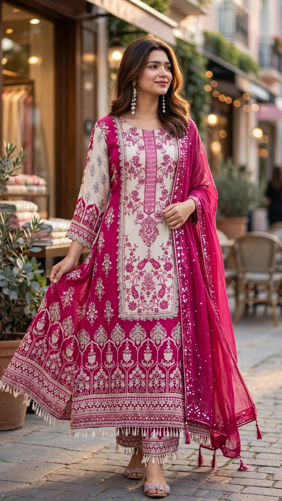 Vibrant Fuchsia & Ivory Embroidered Handcrafted Kurta Set - Image 2