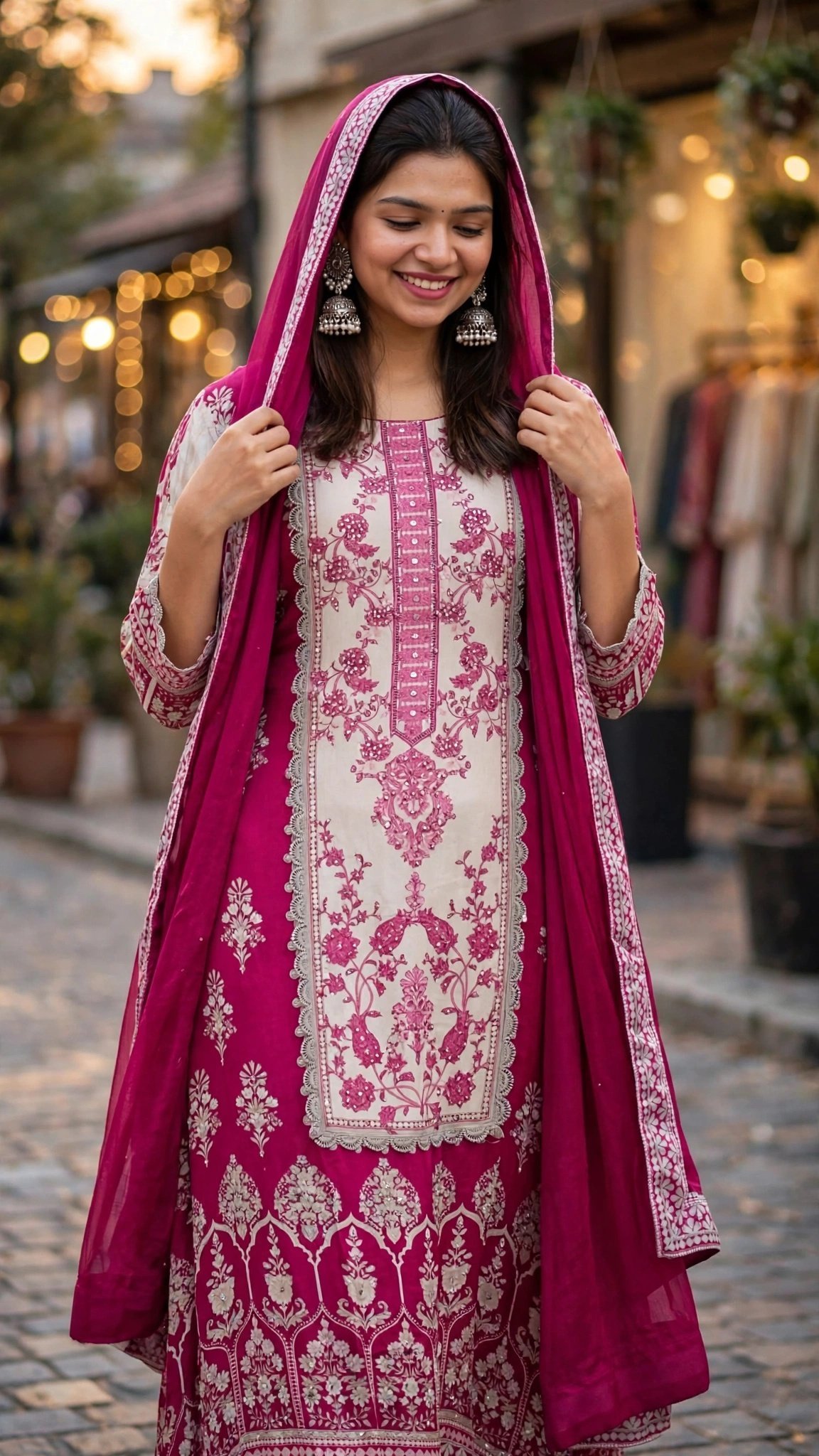 Vibrant Fuchsia & Ivory Embroidered Handcrafted Kurta Set - Image 3