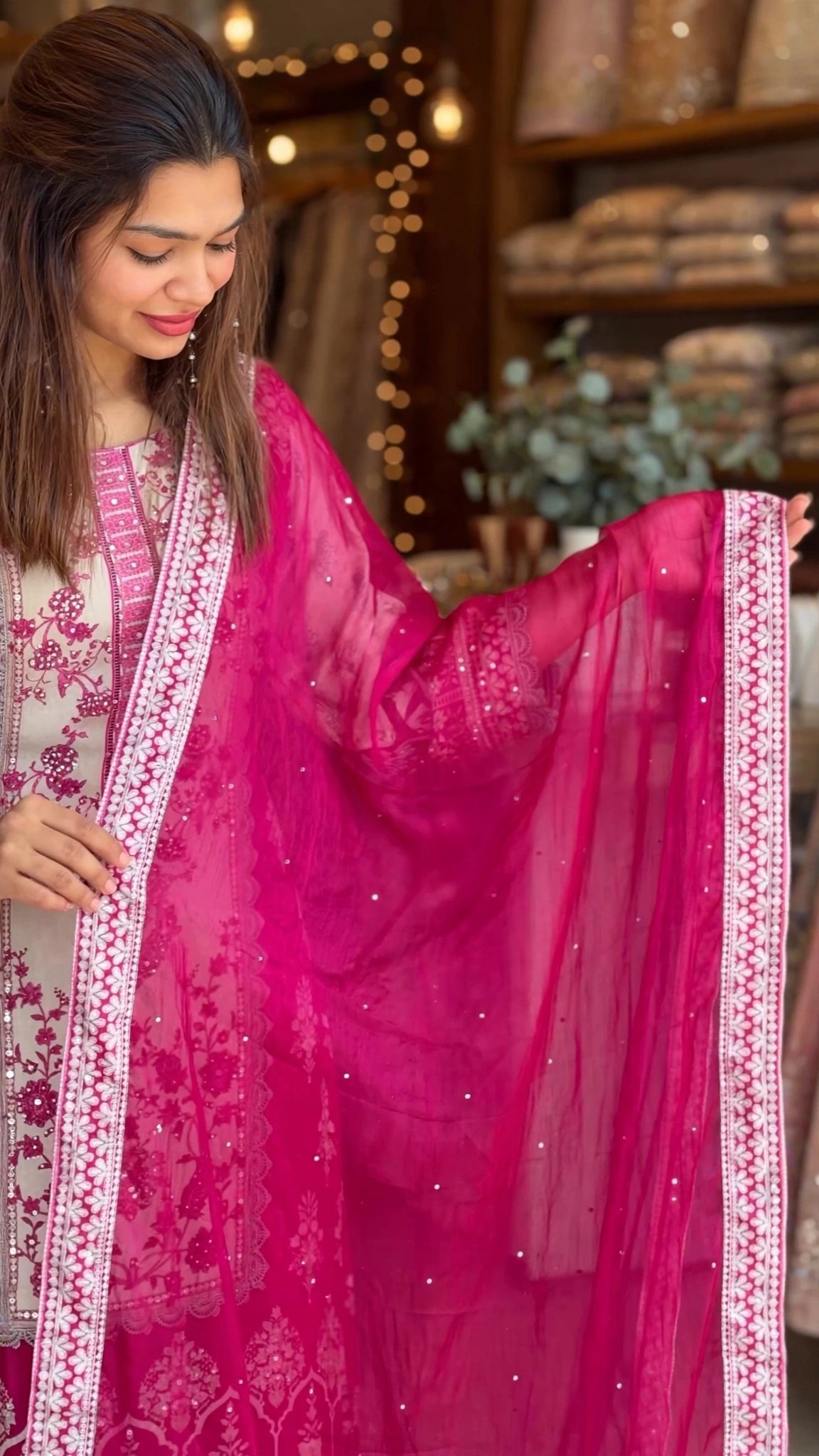 Vibrant Fuchsia & Ivory Embroidered Handcrafted Kurta Set - Image 4