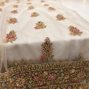 Ivory Floral Embroidered A-Line Kurta Set with Intricate Zardosi Border