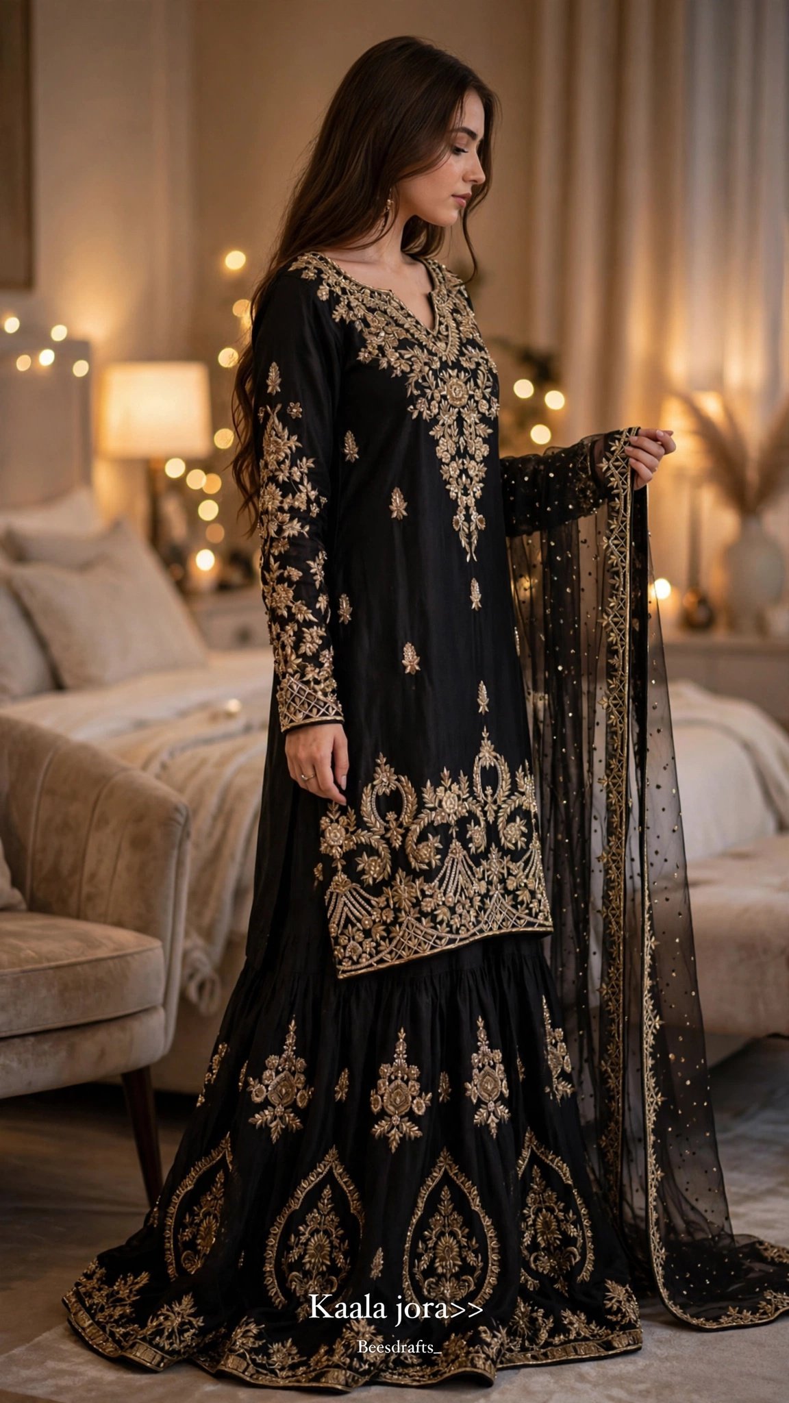 Midnight Noir Embellished Sharara Set with Scalloped Embroidery - Image 3