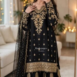 Midnight Noir Embellished Sharara Set with Scalloped Embroidery