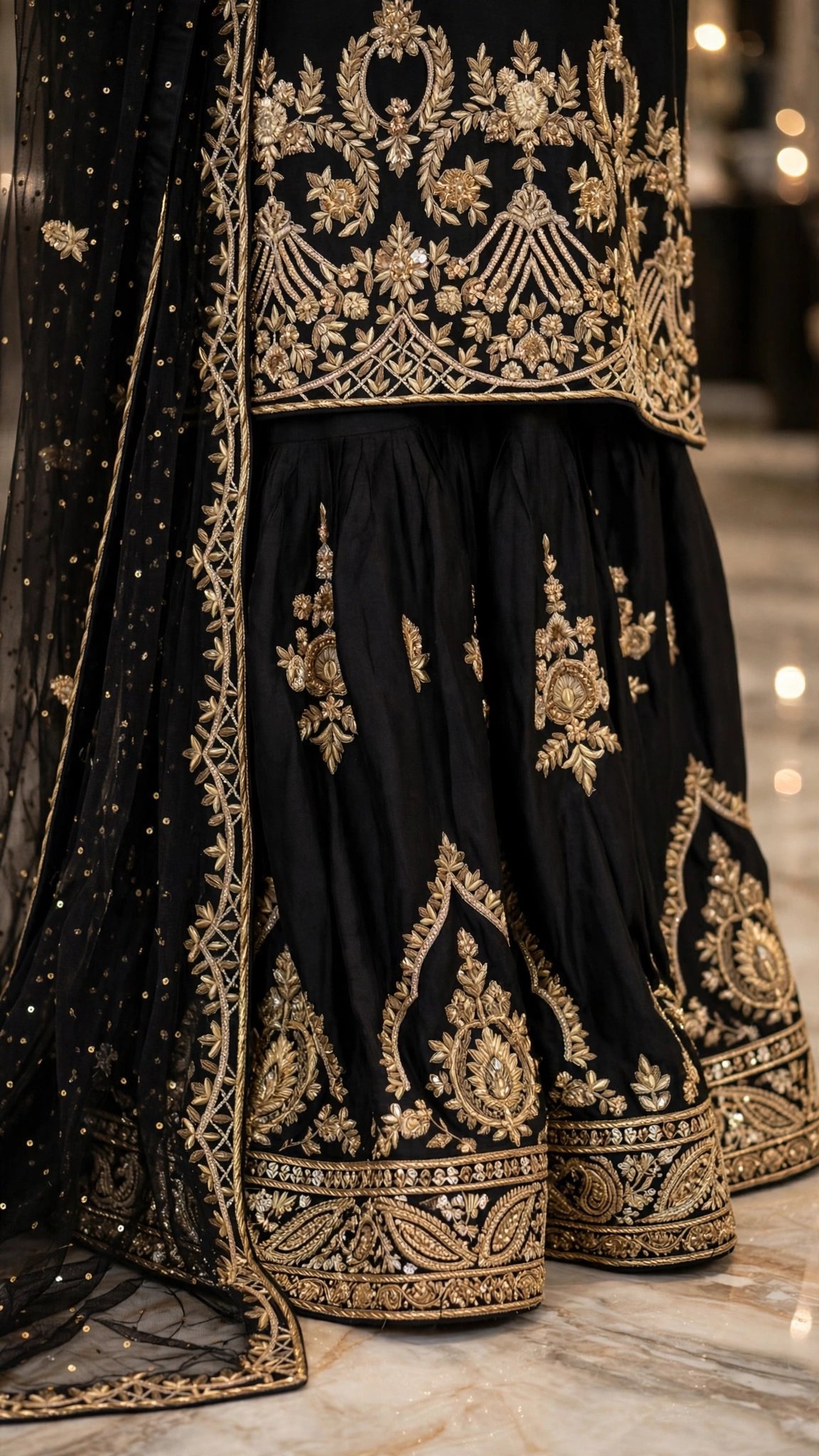 Midnight Noir Embellished Sharara Set with Scalloped Embroidery - Image 5