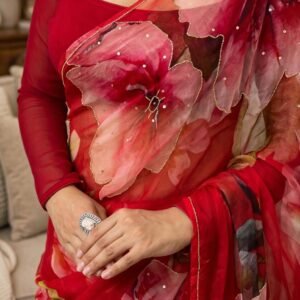 Scarlet Bloom Floral Organza Saree with Sequinned Embellishments