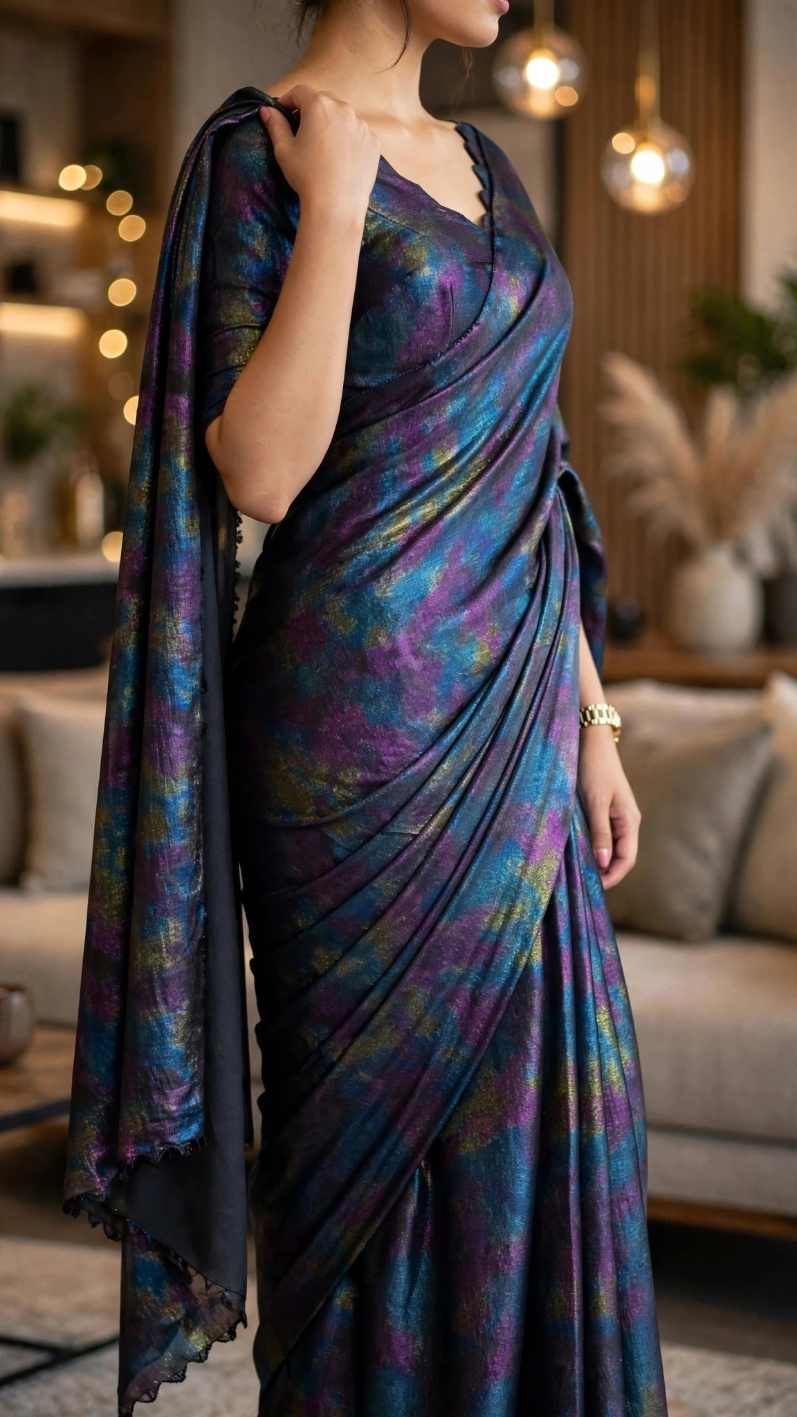 Celestial Shimmer Scalloped-Edge Saree – Iridescent Galaxy Print - Image 3