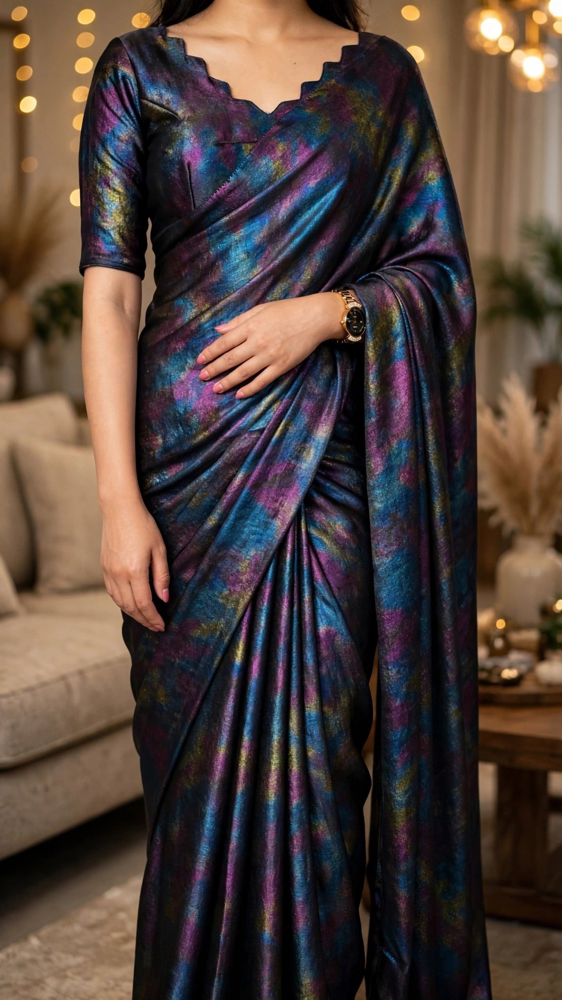 Celestial Shimmer Scalloped-Edge Saree – Iridescent Galaxy Print - Image 4