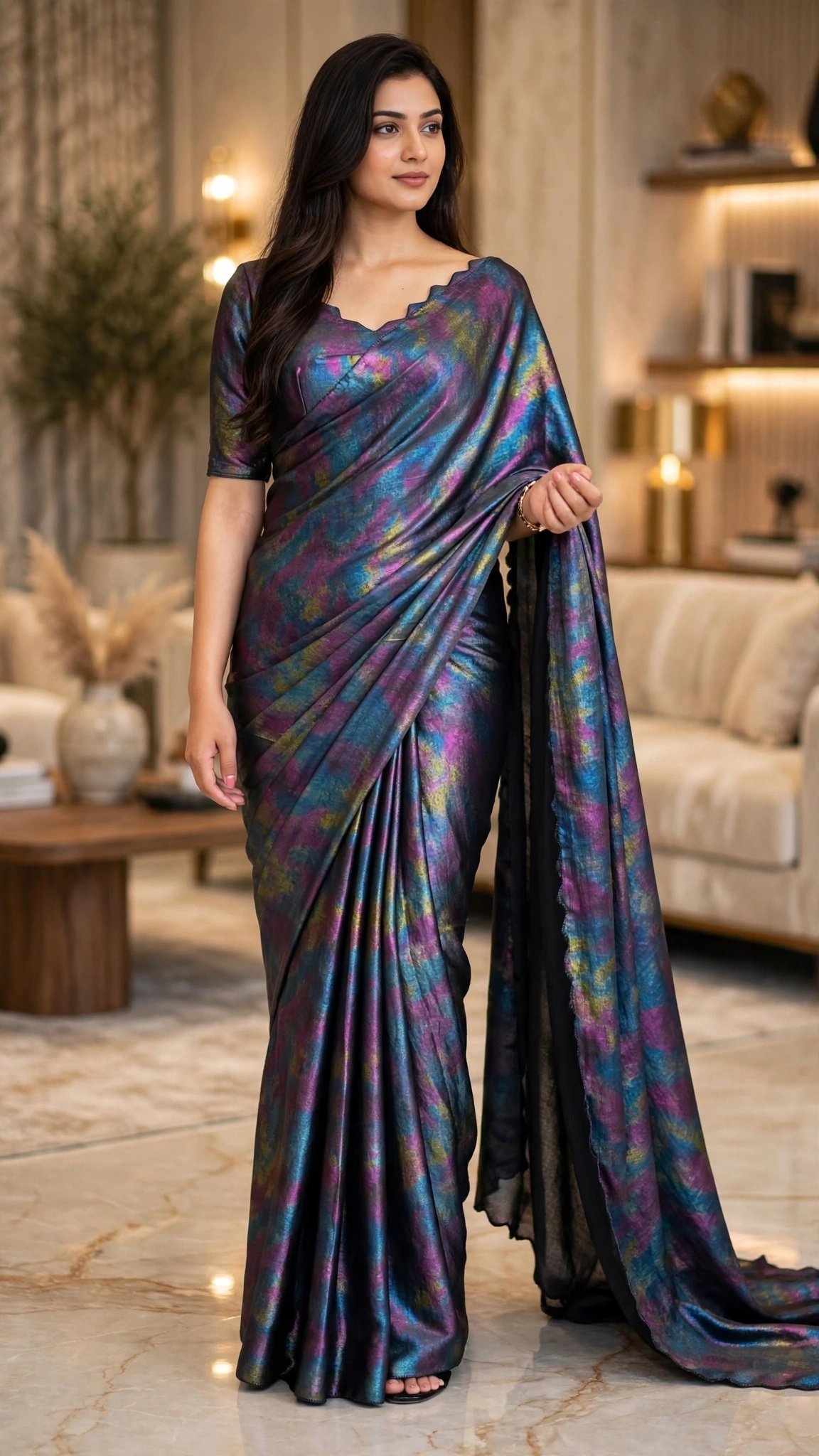Celestial Shimmer Scalloped-Edge Saree – Iridescent Galaxy Print - Image 5