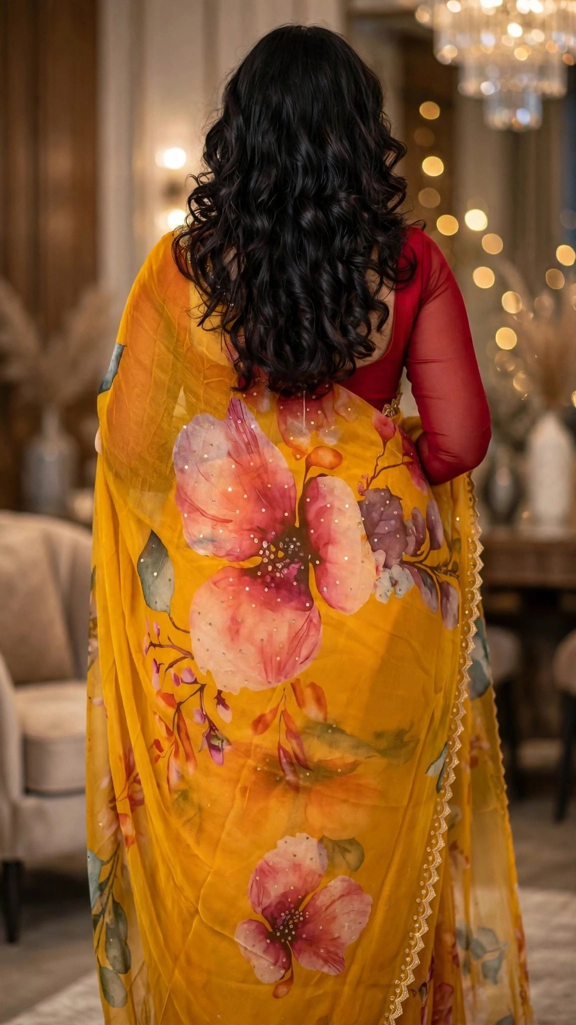 Sun-Kissed Floral Organza Saree with Sequin Border - Image 2