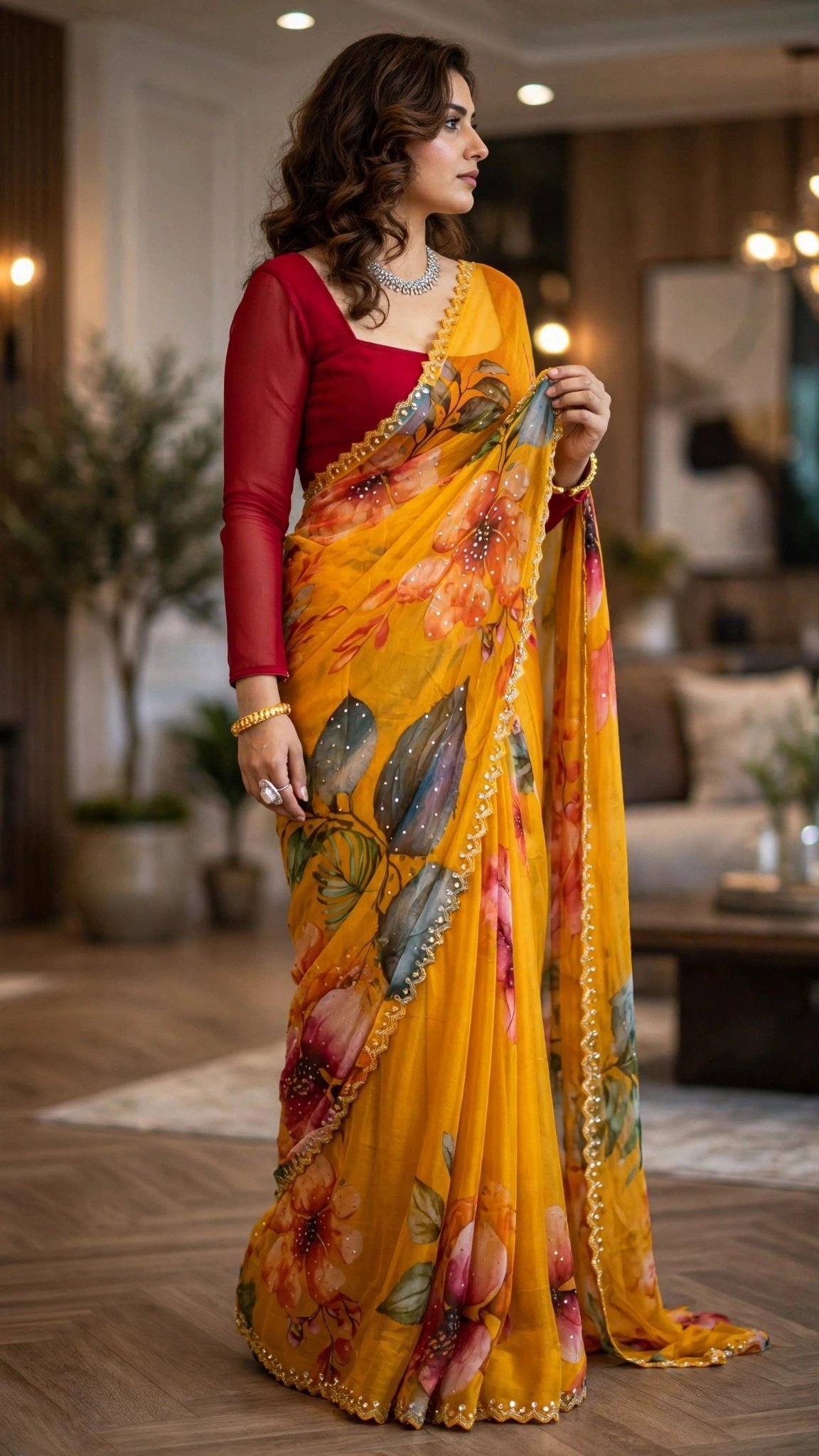 Sun-Kissed Floral Organza Saree with Sequin Border - Image 3