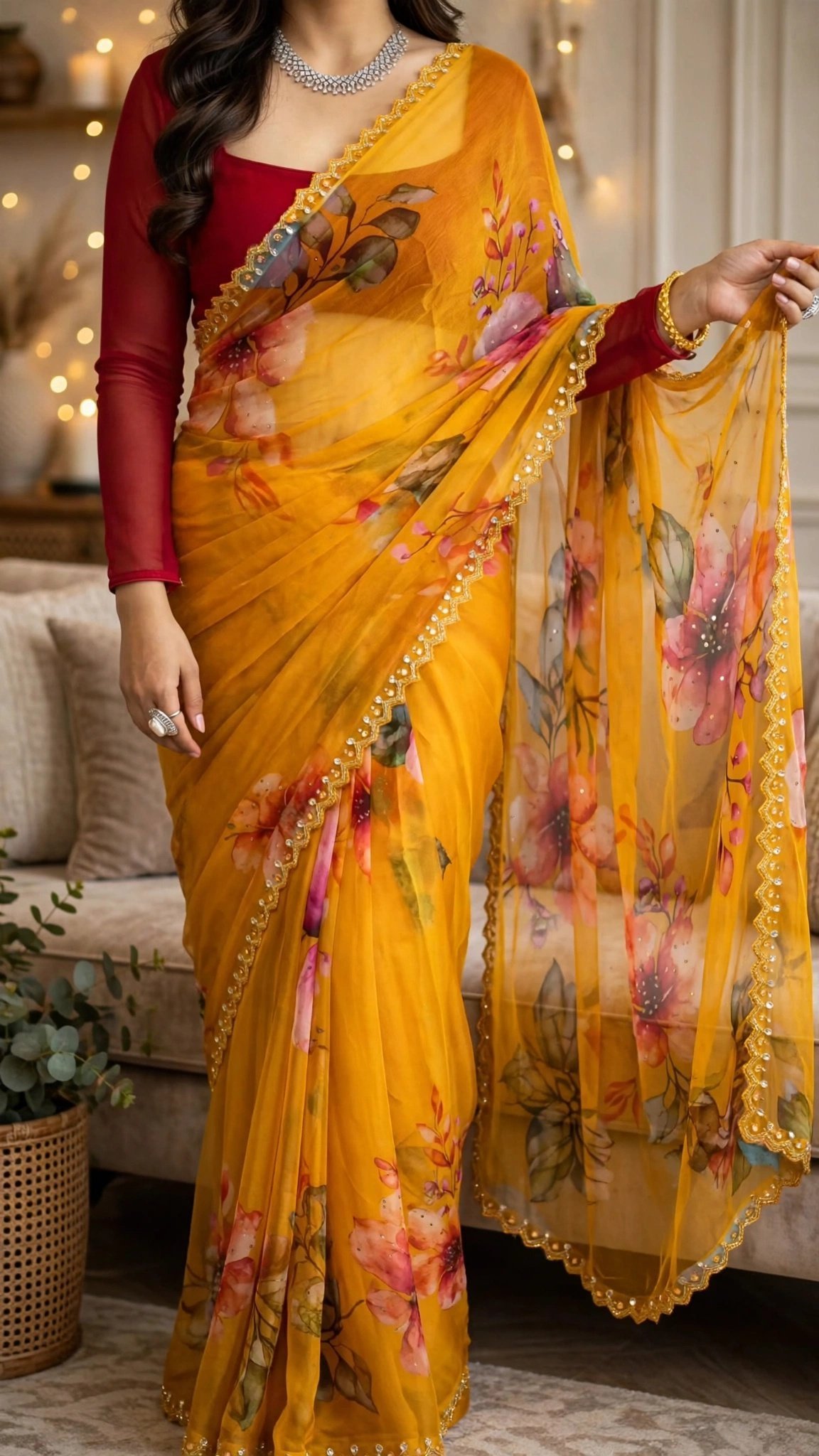Sun-Kissed Floral Organza Saree with Sequin Border - Image 4