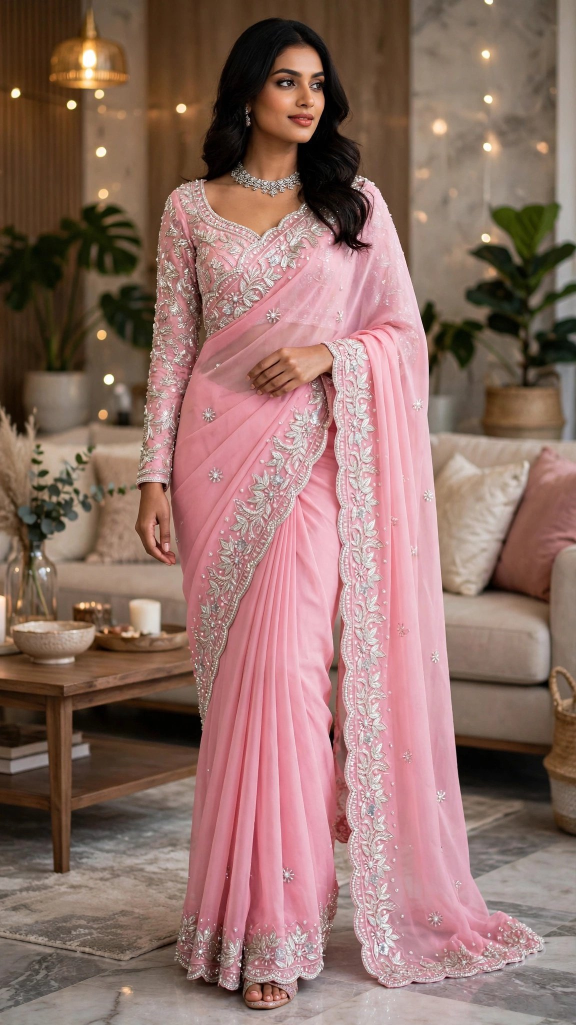 Blush Pink Embellished Chiffon Saree with Intricate Silver Threadwork