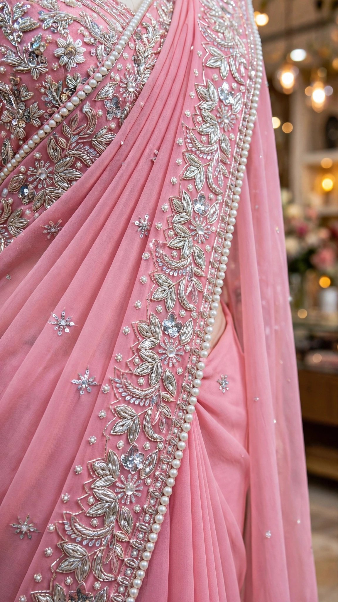 Blush Pink Embellished Chiffon Saree with Intricate Silver Threadwork - Image 2