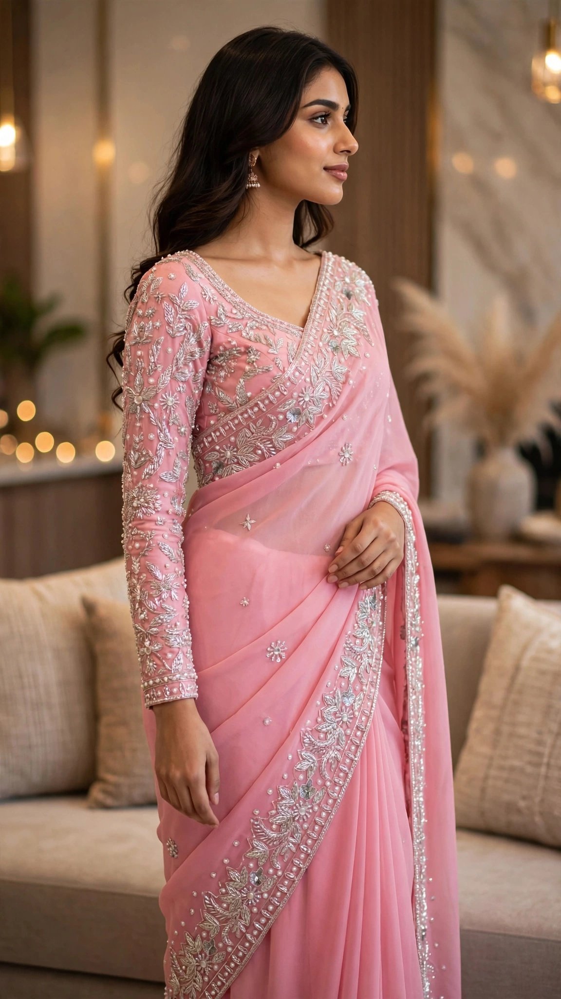 Blush Pink Embellished Chiffon Saree with Intricate Silver Threadwork - Image 3