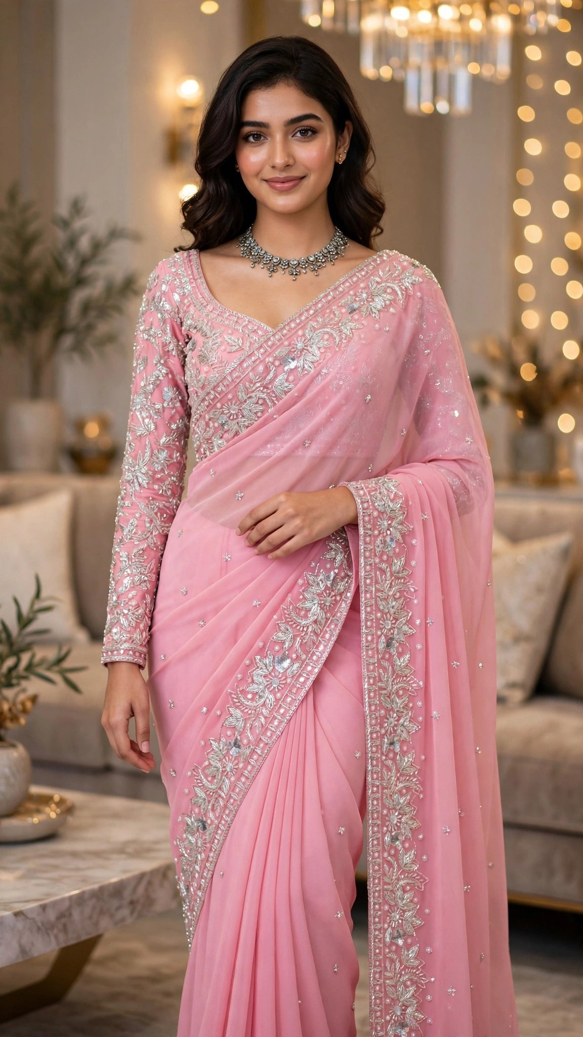 Blush Pink Embellished Chiffon Saree with Intricate Silver Threadwork - Image 4