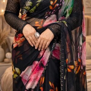 Midnight Bloom Organza Saree – A Masterpiece of Floral Elegance