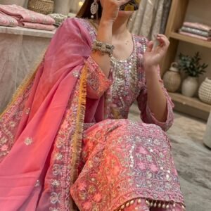 Opulent Mirror-Embellished Embroidered Kurta Set – Available in Crimson Red, Sage Green, Classic White & Dusty Rose