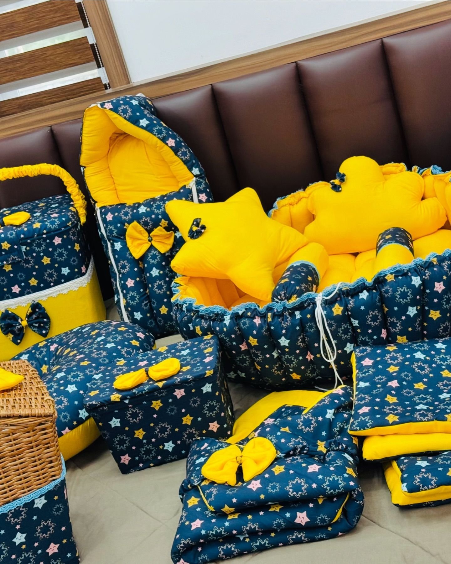 Celestial Dreams Complete Baby Bedding Essentials Set – Navy & Sunshine Yellow