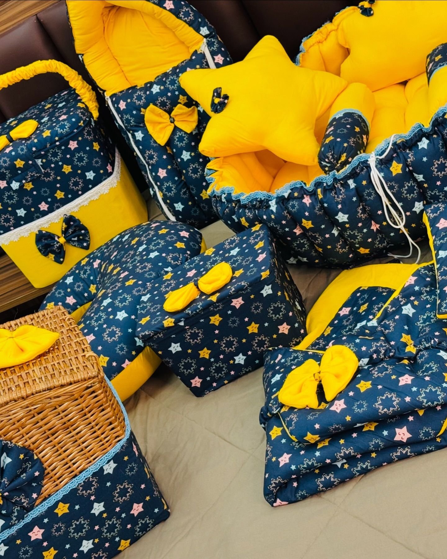 Celestial Dreams Complete Baby Bedding Essentials Set – Navy & Sunshine Yellow - Image 2