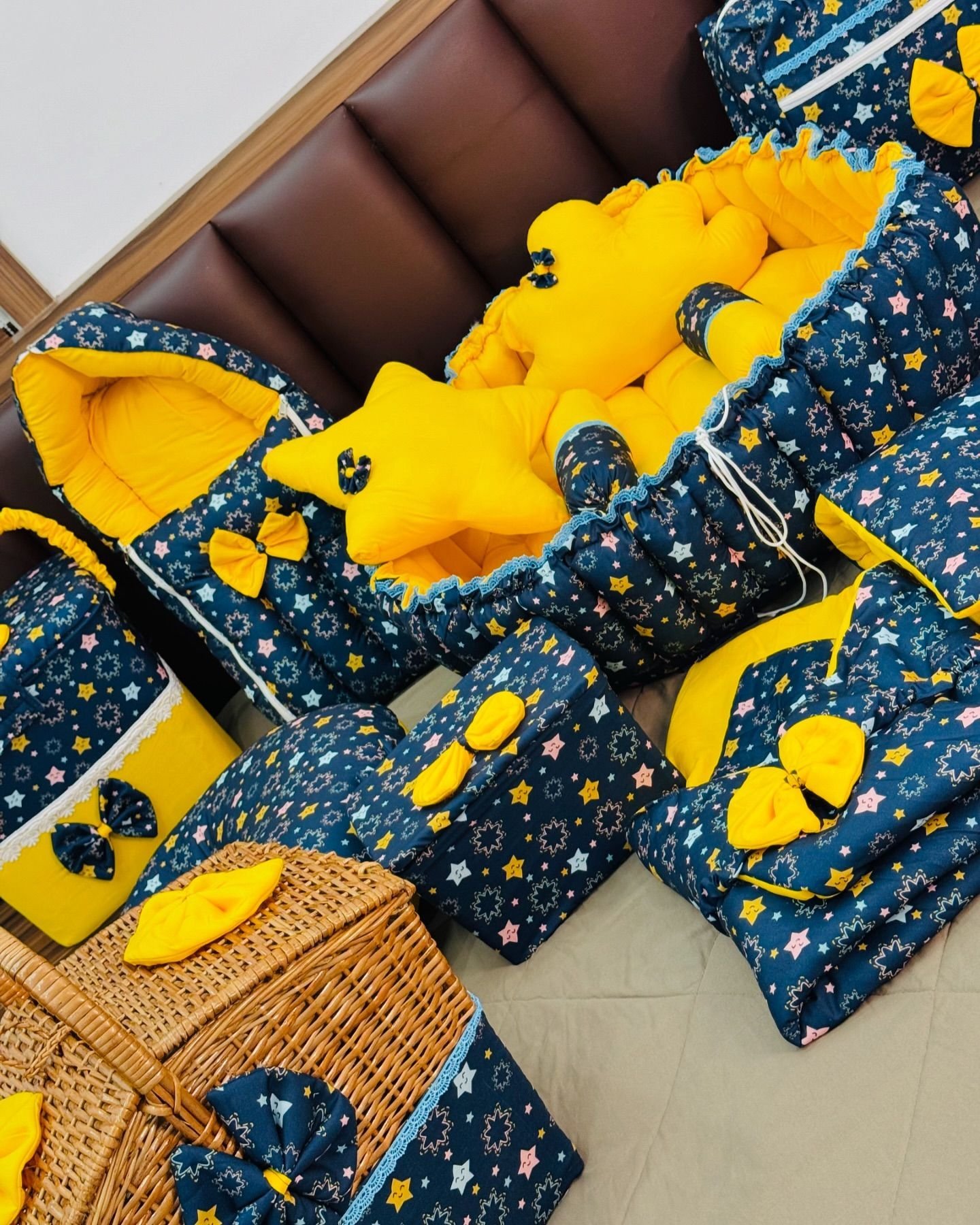 Celestial Dreams Complete Baby Bedding Essentials Set – Navy & Sunshine Yellow - Image 3