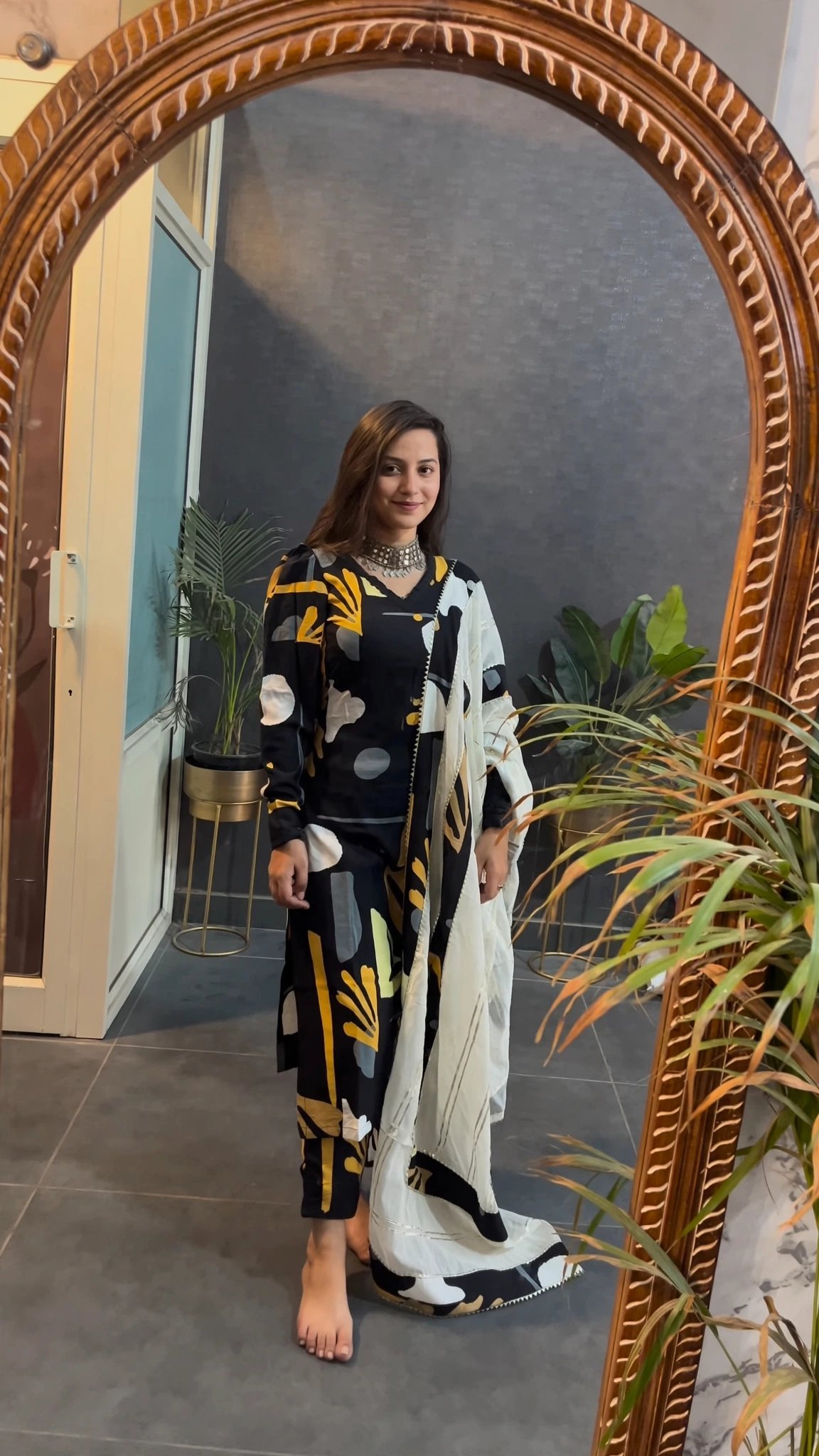 Abstract Monochrome Chic Kurta Set with Statement Dupatta