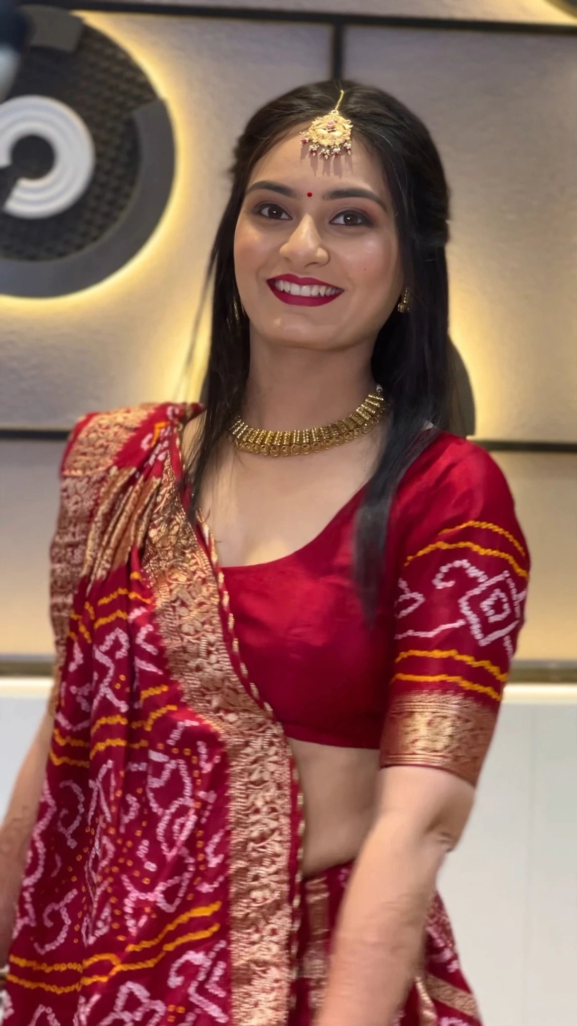 Royal Crimson Bandhani Silk Saree with Antique Gold Zari Border