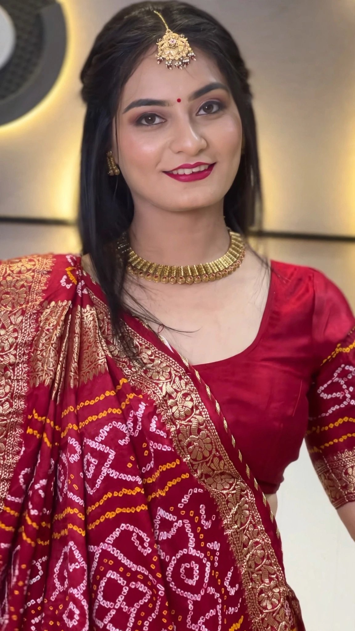 Royal Crimson Bandhani Silk Saree with Antique Gold Zari Border - Image 3