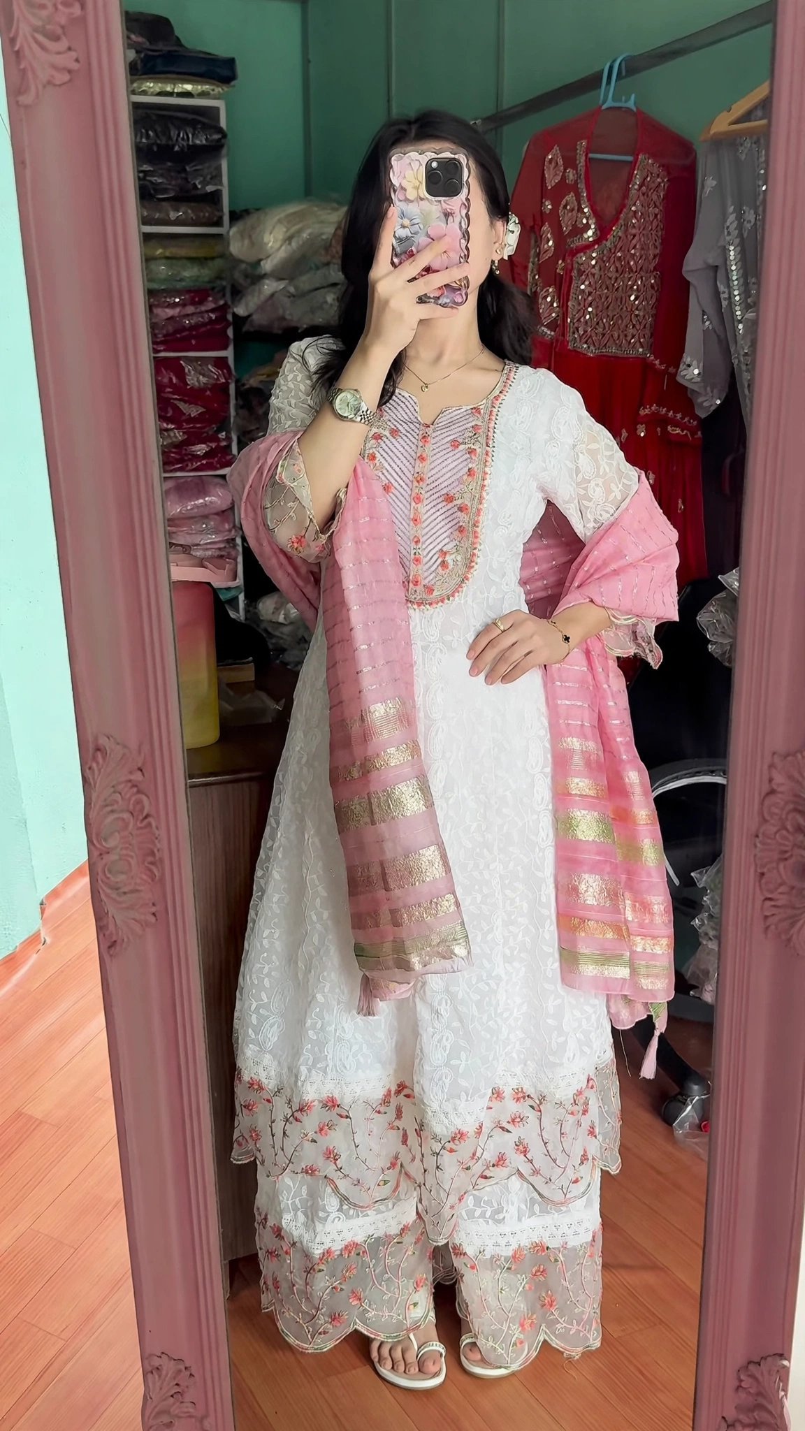 Ethereal White Chikankari Floral Embroidered Kurta Set with Pink Striped Dupatta - Image 5