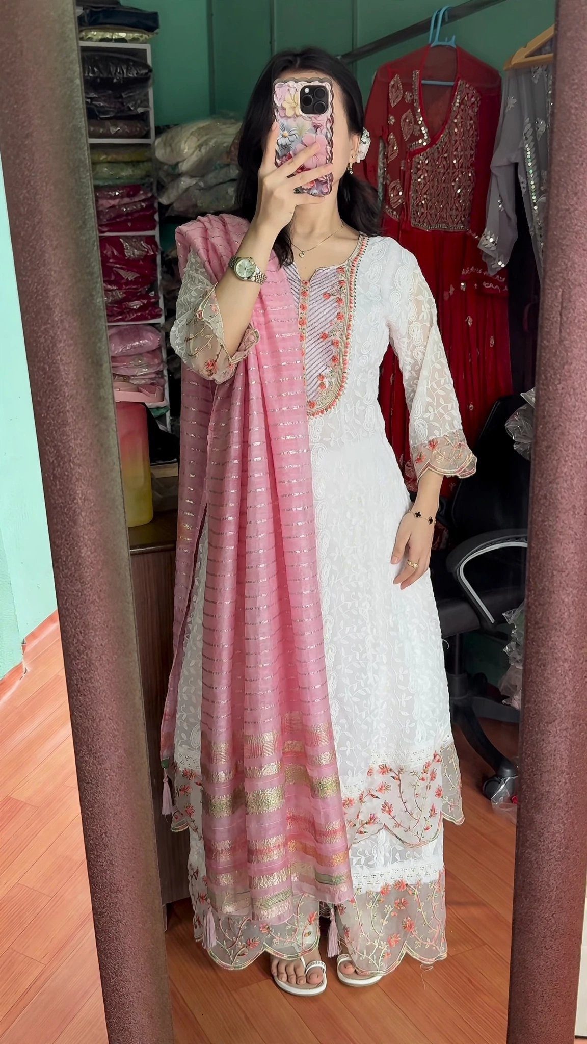 Ethereal White Chikankari Floral Embroidered Kurta Set with Pink Striped Dupatta