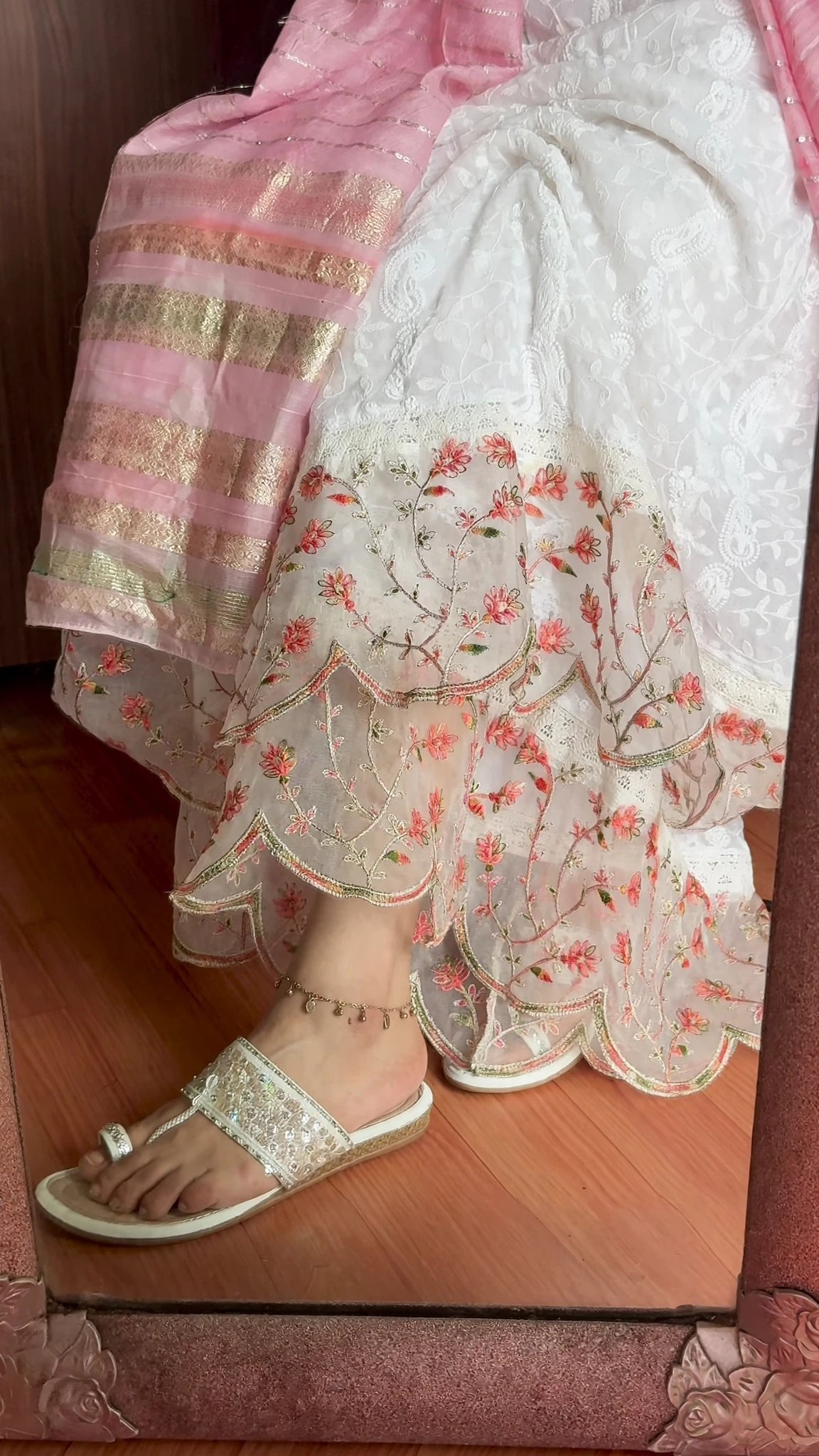 Ethereal White Chikankari Floral Embroidered Kurta Set with Pink Striped Dupatta - Image 2