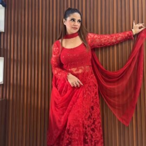 Ravishing Crimson Floral Embroidered Anarkali Kurta Set