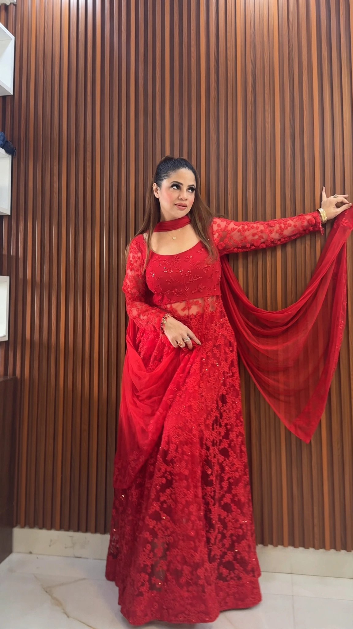 Ravishing Crimson Floral Embroidered Anarkali Kurta Set