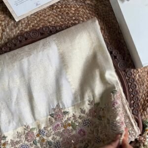 Ivory Floral Banarasi Silk Saree with Hand-Embroidered Border and Heavily Sequined Blouse – Available in Ivory & Floral Multi-Color Set