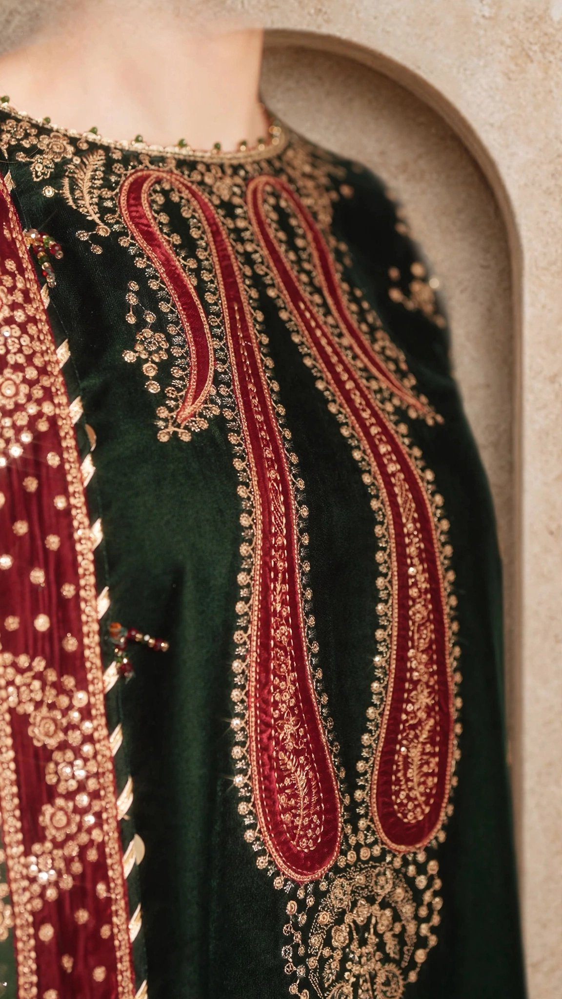 Emerald Opulence Velvet Kurta Set with Kashmiri-Inspired Embroidery - Image 5