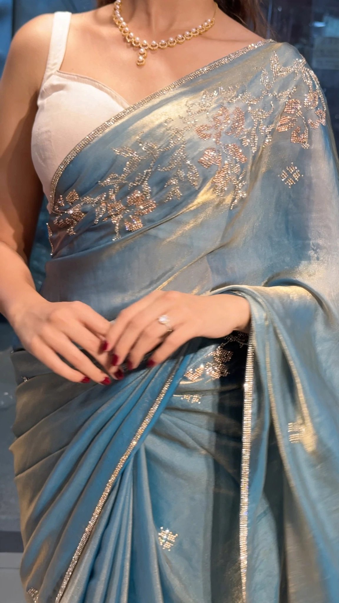 Ethereal Shimmer Organza Embellished Saree with Cut-Work Border - Image 3