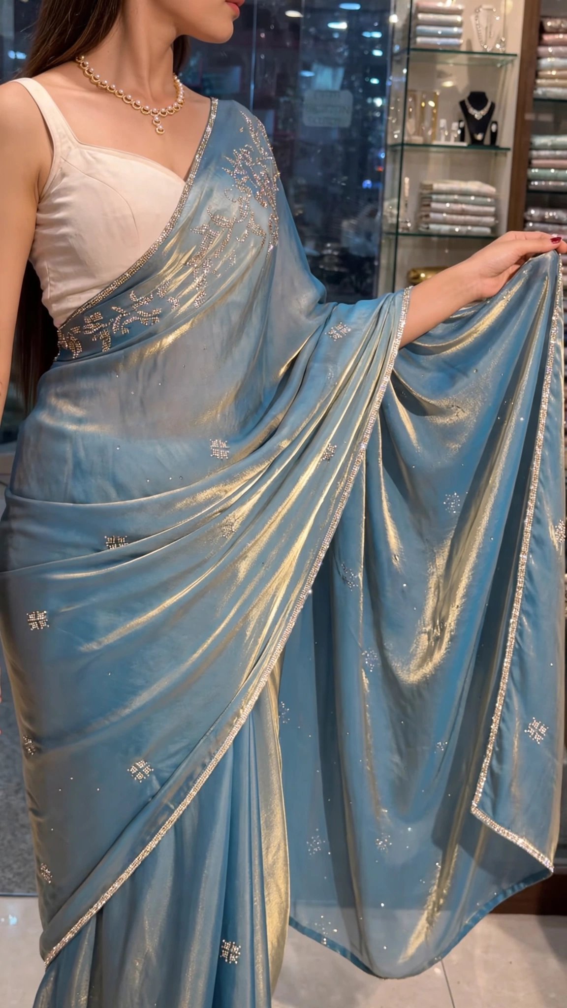 Ethereal Shimmer Organza Embellished Saree with Cut-Work Border - Image 4