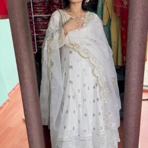 Ethereal White Chikankari Anarkali Kurta Set with Scalloped Dupatta
