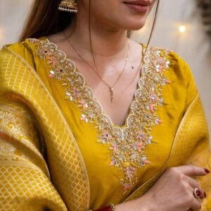 Radiant Mustard Silk Kurta Set with Banarasi Dupatta – Festive Ensemble