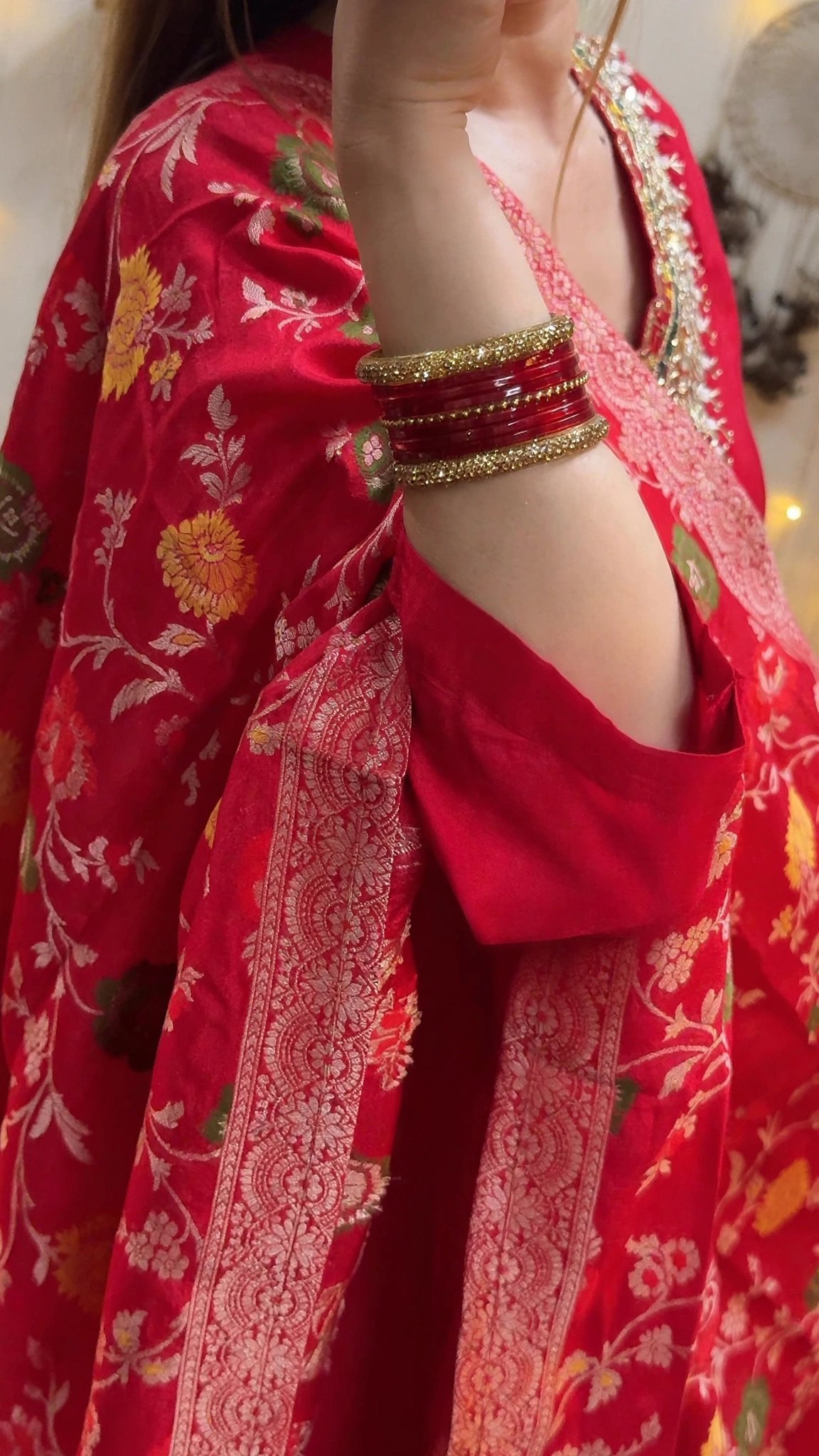 Ethereal Crimson Banarasi Silk Kurta Set with Mirrorwork Yoke - Image 2