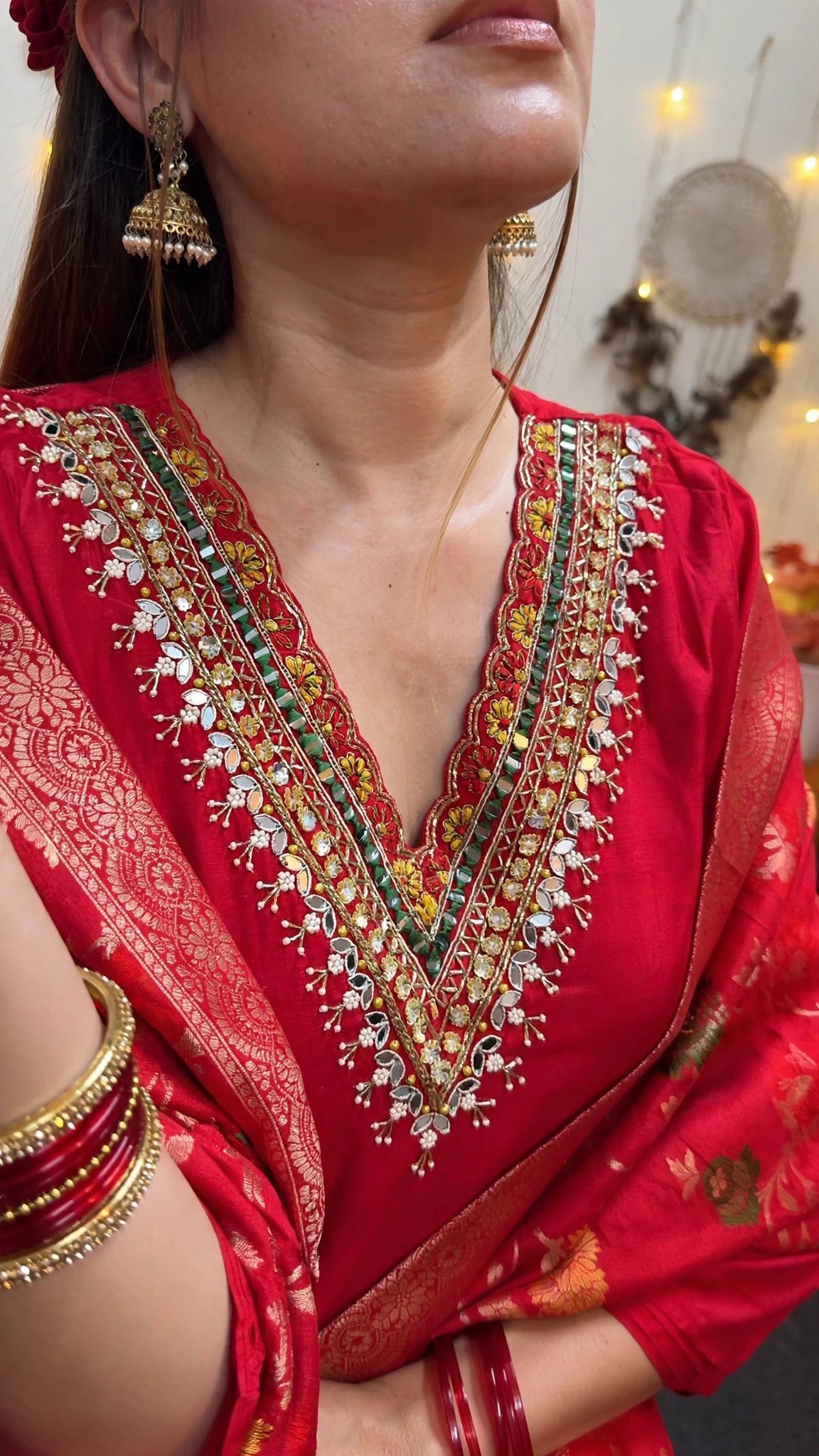 Ethereal Crimson Banarasi Silk Kurta Set with Mirrorwork Yoke - Image 3