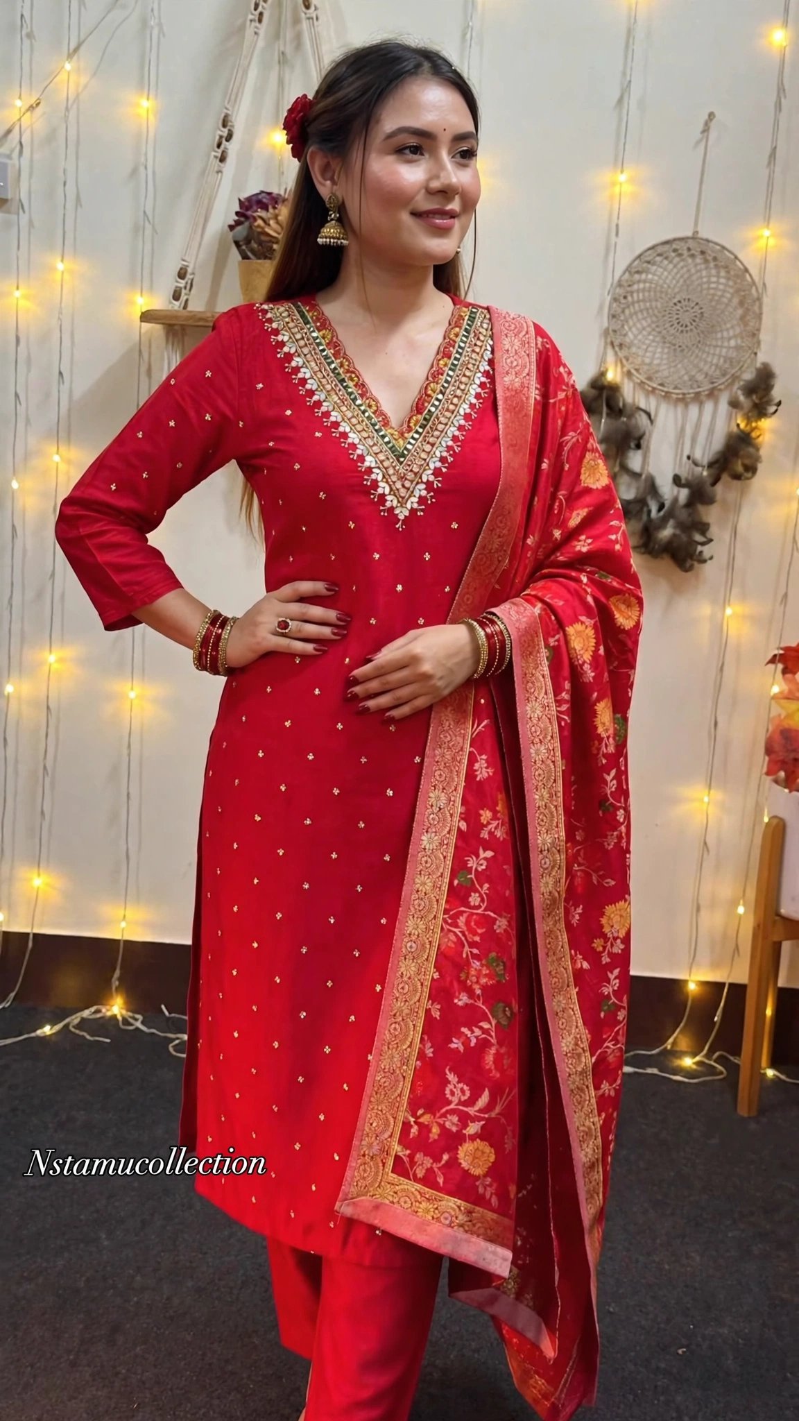 Ethereal Crimson Banarasi Silk Kurta Set with Mirrorwork Yoke - Image 4