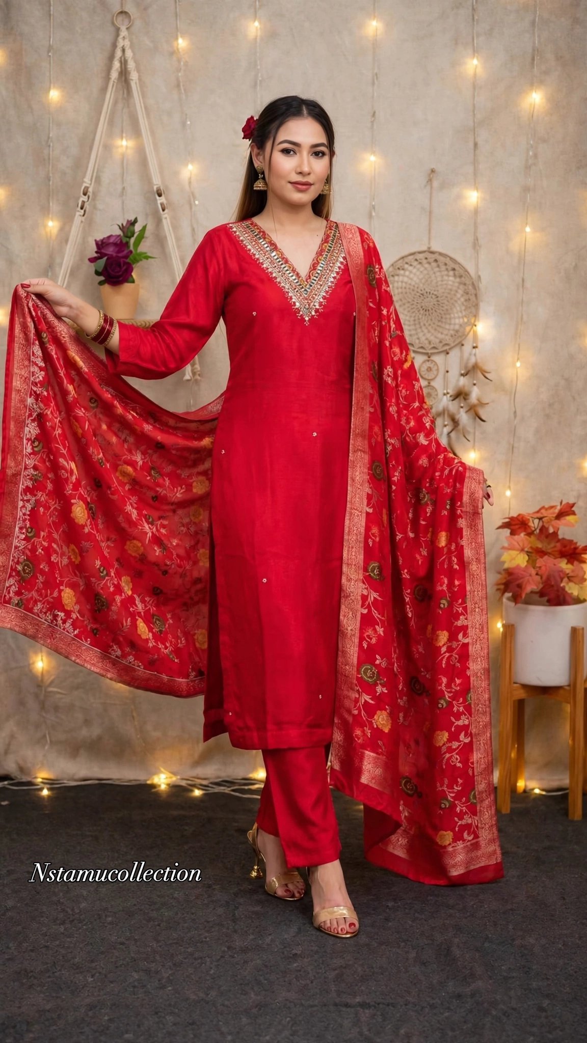 Ethereal Crimson Banarasi Silk Kurta Set with Mirrorwork Yoke - Image 5