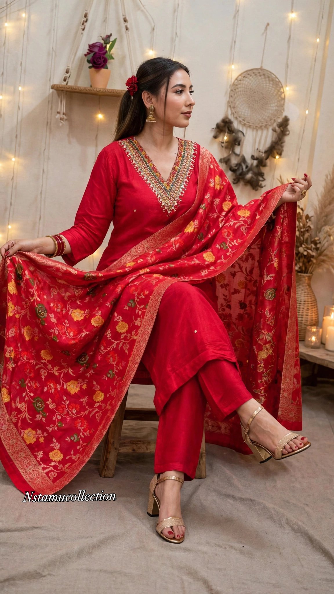 Ethereal Crimson Banarasi Silk Kurta Set with Mirrorwork Yoke