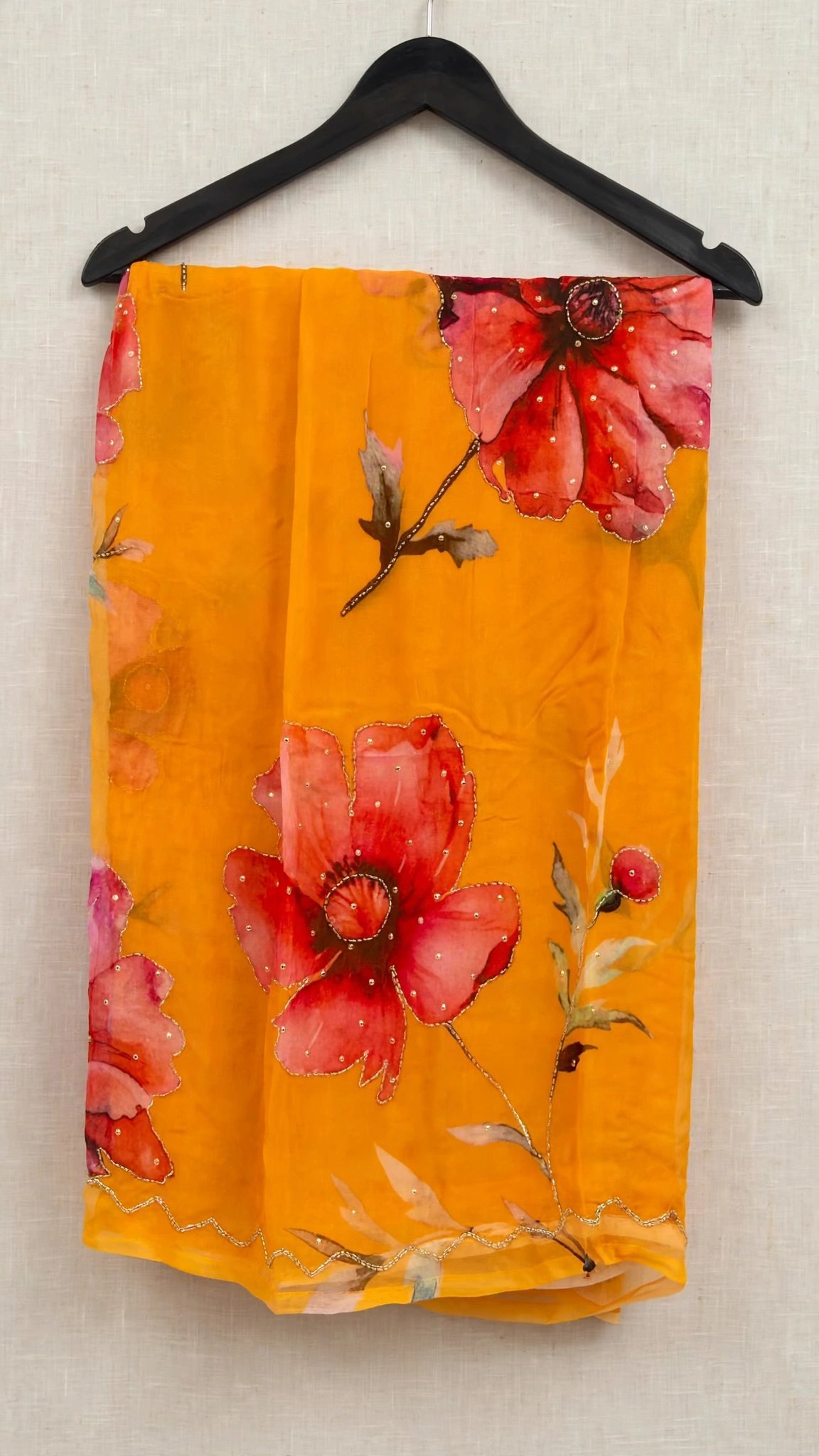 Floral Impression Hand-Painted Organza Saree with Scalloped Embellishments – Available in Radiant Yellow, Lush Green, Vivid Pink, Midnight Black & Royal Purple