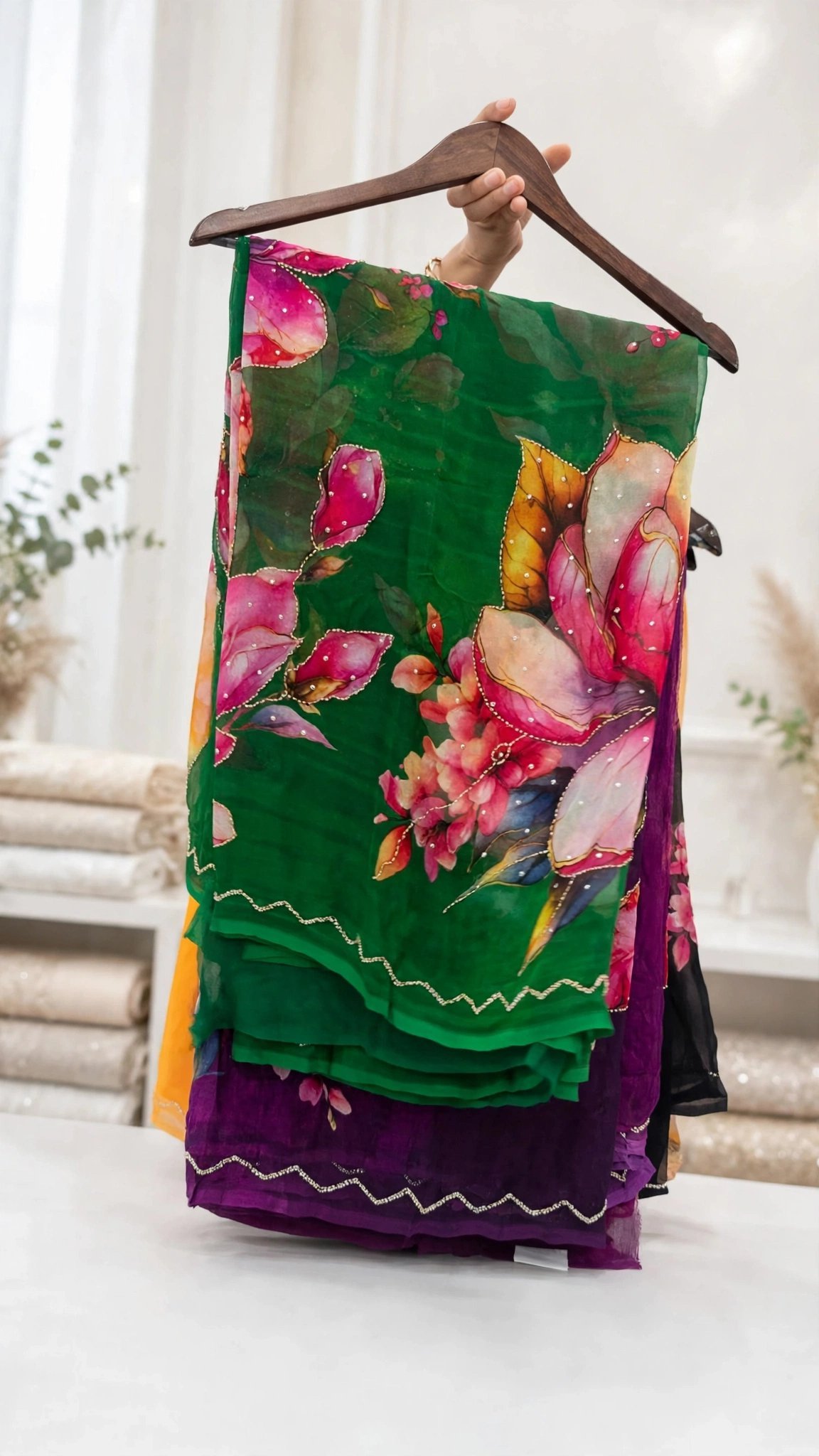 Floral Impression Hand-Painted Organza Saree with Scalloped Embellishments – Available in Radiant Yellow, Lush Green, Vivid Pink, Midnight Black & Royal Purple - Image 2